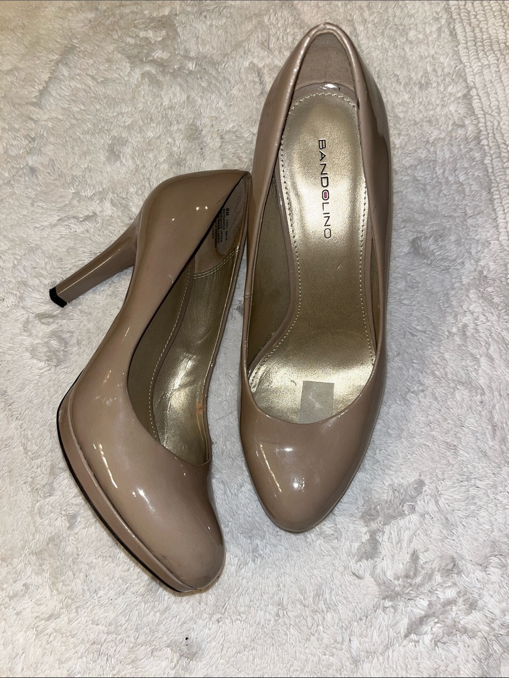 Bandolino Taupe Patent Platform Pumps